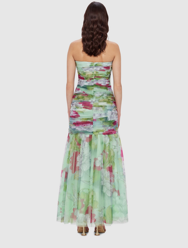 Natalie Ruched Midi Dress - Swallow Print in Tranquility