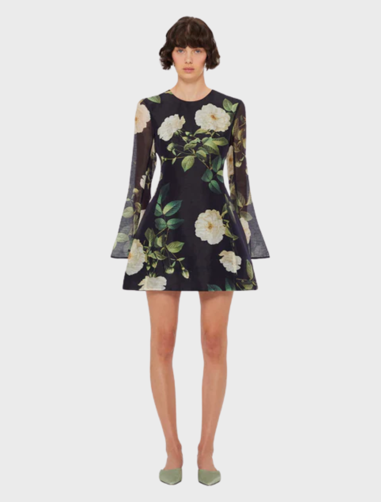 Suzanne Bell Sleeve Mini Dress - White Rose Print