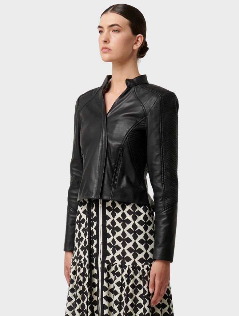 Blaire Leather Herringbone Stitch Detail Jacket - Black