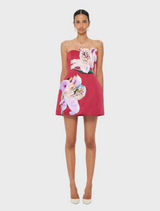 Rosario Appliqué Floral Bustier Mini Dress - Lily Print in Oxblood