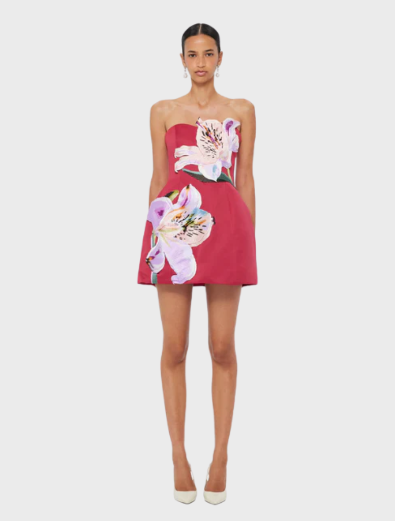 Rosario Appliqué Floral Bustier Mini Dress - Lily Print in Oxblood