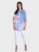 Abstract Print Button Down Blouse - Pink/Blue
