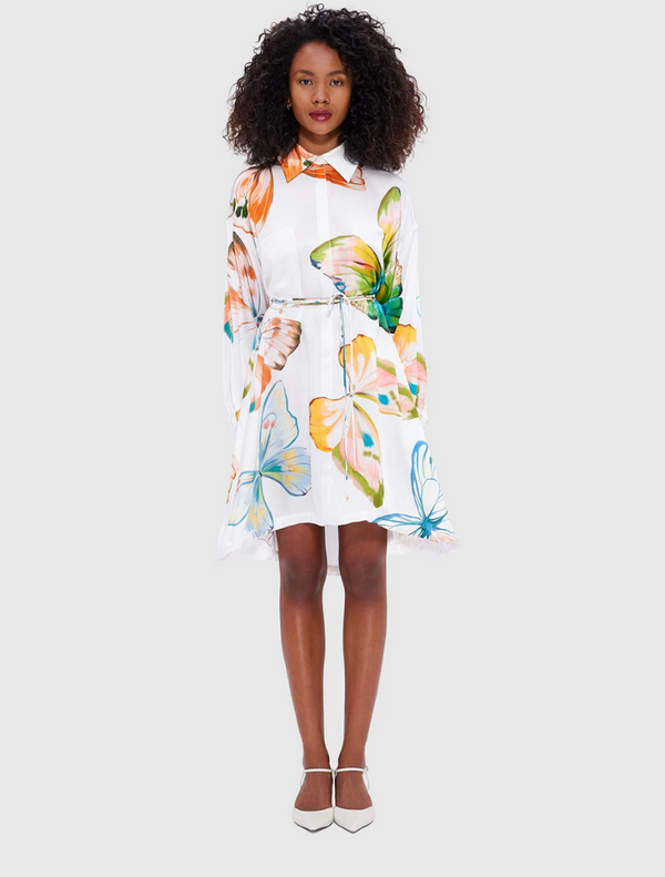 Elysia Shirt Mini Dress - Papillon Print in White