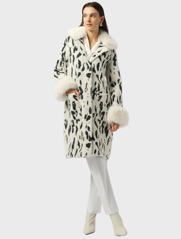 Feather Yarn Animal Faux Fur Trim Coat - White