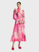Katrina Butterfly Sleeve Midi Dress - Peony Print in Fuchsia