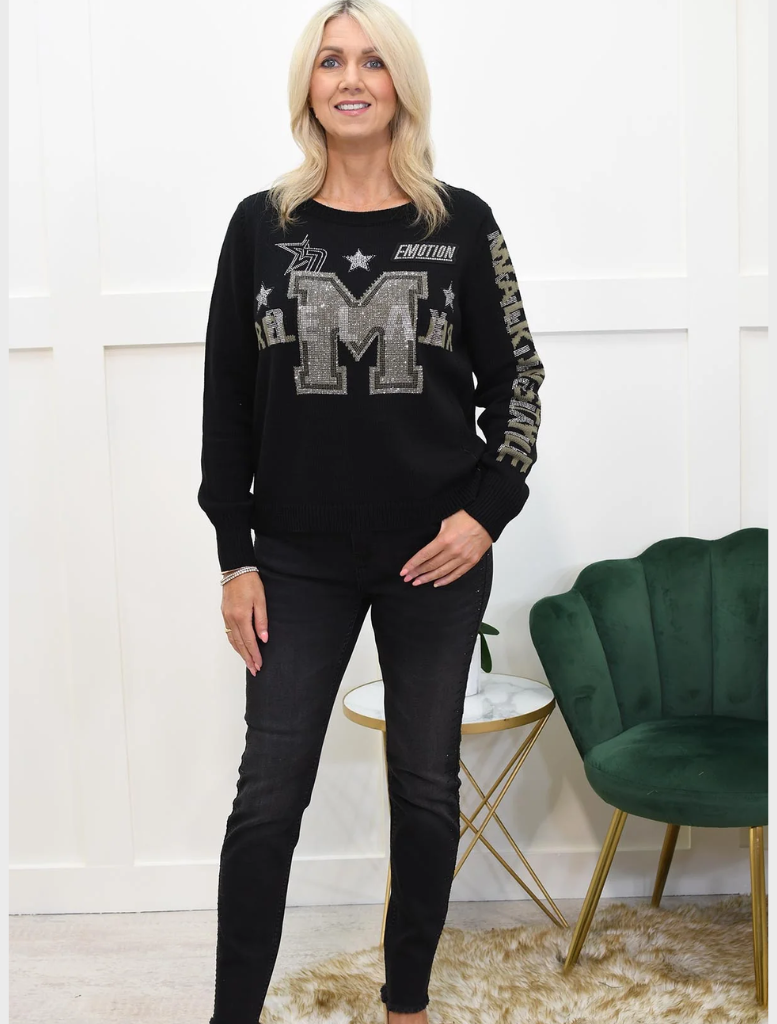 Black Jumper With Khaki & Silver Embellishments