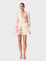 Rova Long Sleeve Mini Dress - Cream & Pink Floral