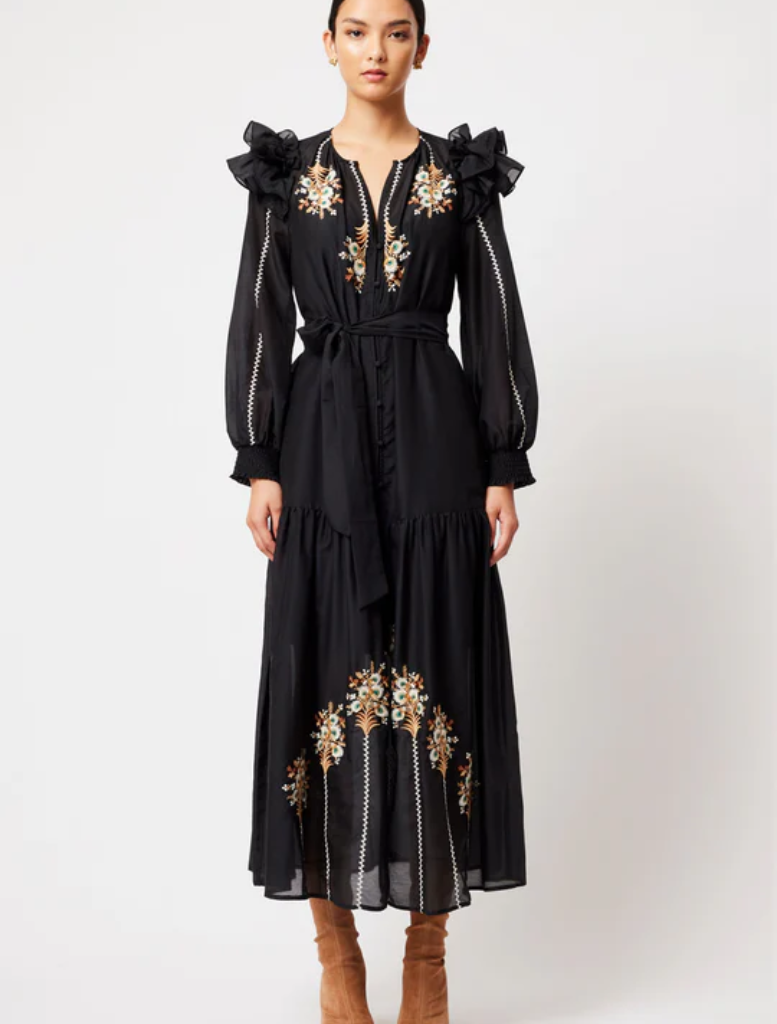 Aquila Cotton Silk Ruffle Sleeve Emboirdered Maxi Dress | Black