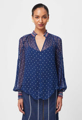 Pheonix Contrast Shirred Collar & Cuffs Viscose Chiffon Blouse - Lapis Spot