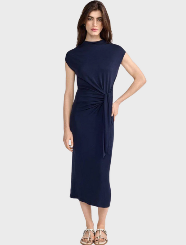 Midi Dress With Side Draping - Midnight Blue