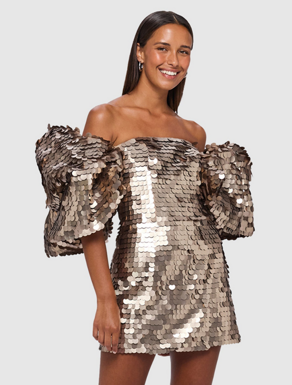 Brenda Sequin Puffy Sleeve Mini Dress - Gold