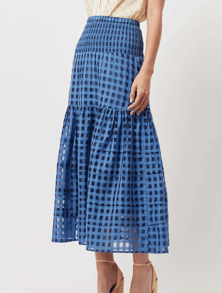 Antigua Cotton Silk Self Check Shirred Waist Pleat Detail Maxi Skirt - Laguna