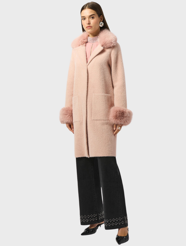 Feather Yarn Faux Fur Cuff Coat - Pink