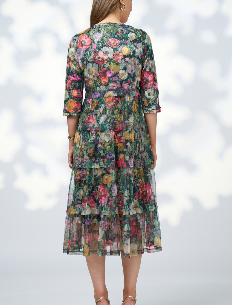 Floral print fabric dress titled "Looking Glass Tulle Dress - Ivy Multi" featuring a vibrant, colorful design shows the Backside 
