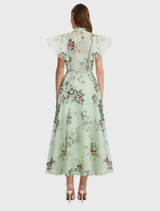 Elsie Flutter Sleeve Midi Dress - Posy Print in Mint