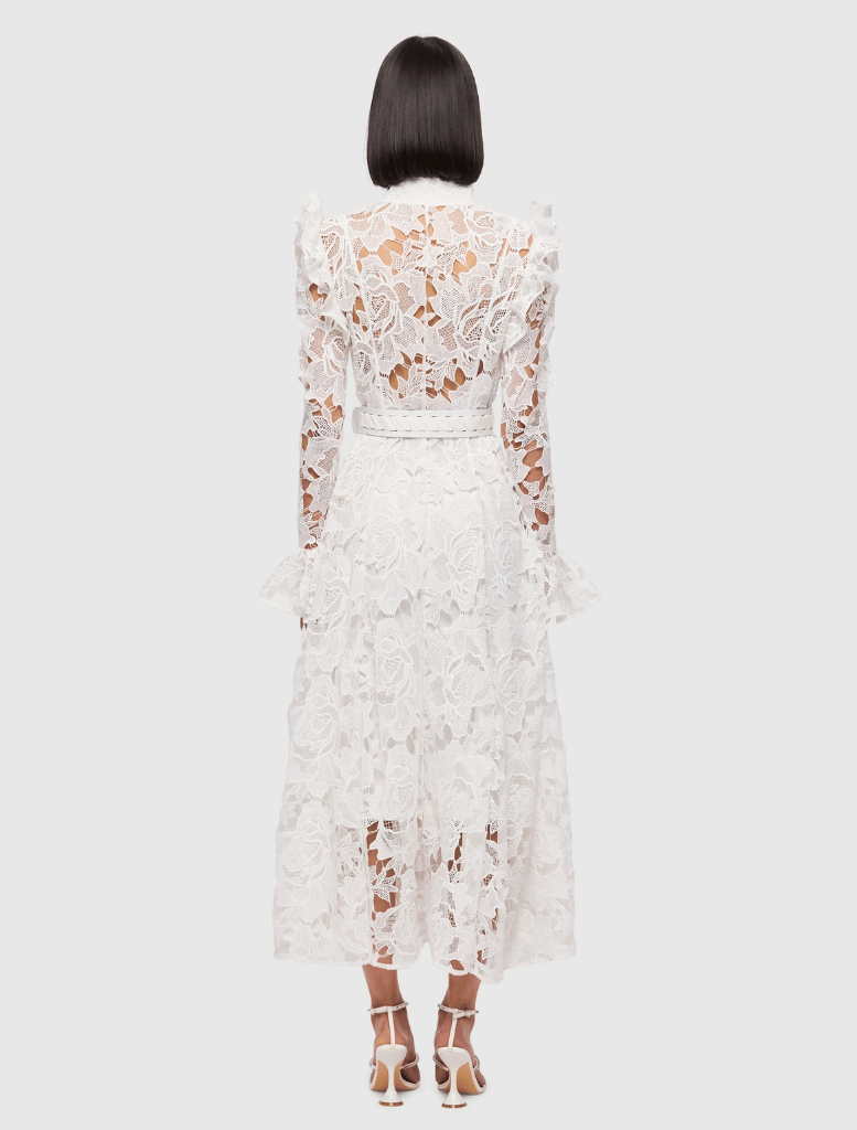 Lace Dress With Belt  - White