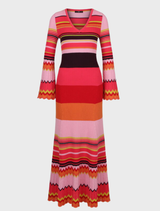 Long Ribbed Dress, Stripe Pattern - Pink