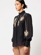 Florence Cotton Silk Gathered Collar Embriodered button Shirt | Black