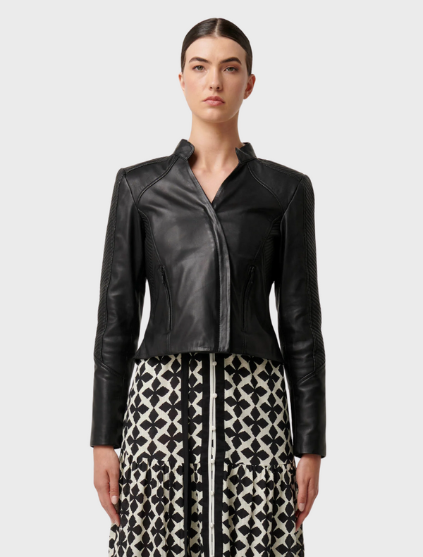 Blaire Leather Herringbone Stitch Detail Jacket - Black