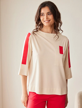 Contrast Sleeve Top - Sand/Red