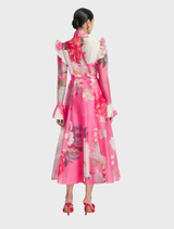 Katrina Butterfly Sleeve Midi Dress - Peony Print in Fuchsia