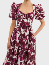 Nerissa SS Midi Dress - Red Orchid Vines Print