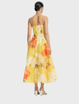 Mariela Embellished Midi Dress - Peony Print in Yellow