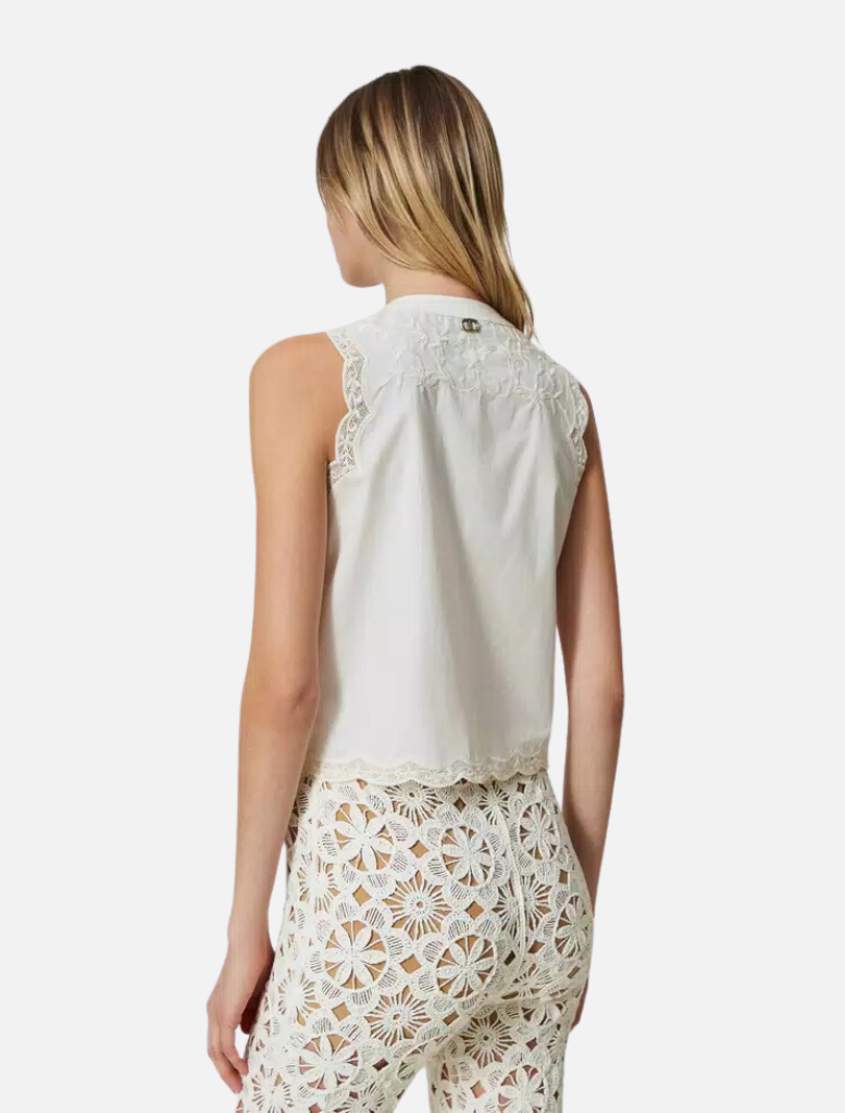 Sleeveless Top with Floral Embroideries - White