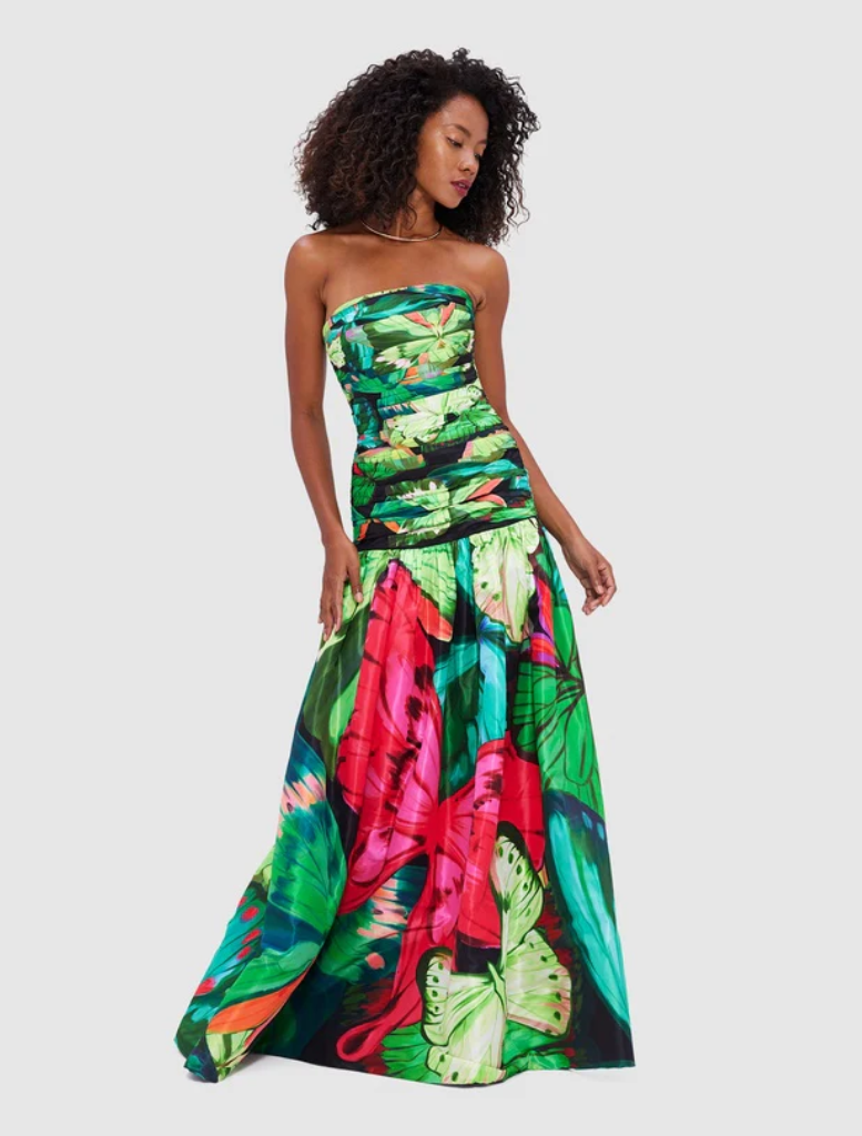 Natalia Ruched Maxi Dress - Papillon Print in Green