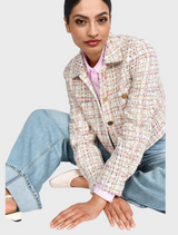 Short Bouclé Blazer with Gold-Colored Buttons - Pearl White