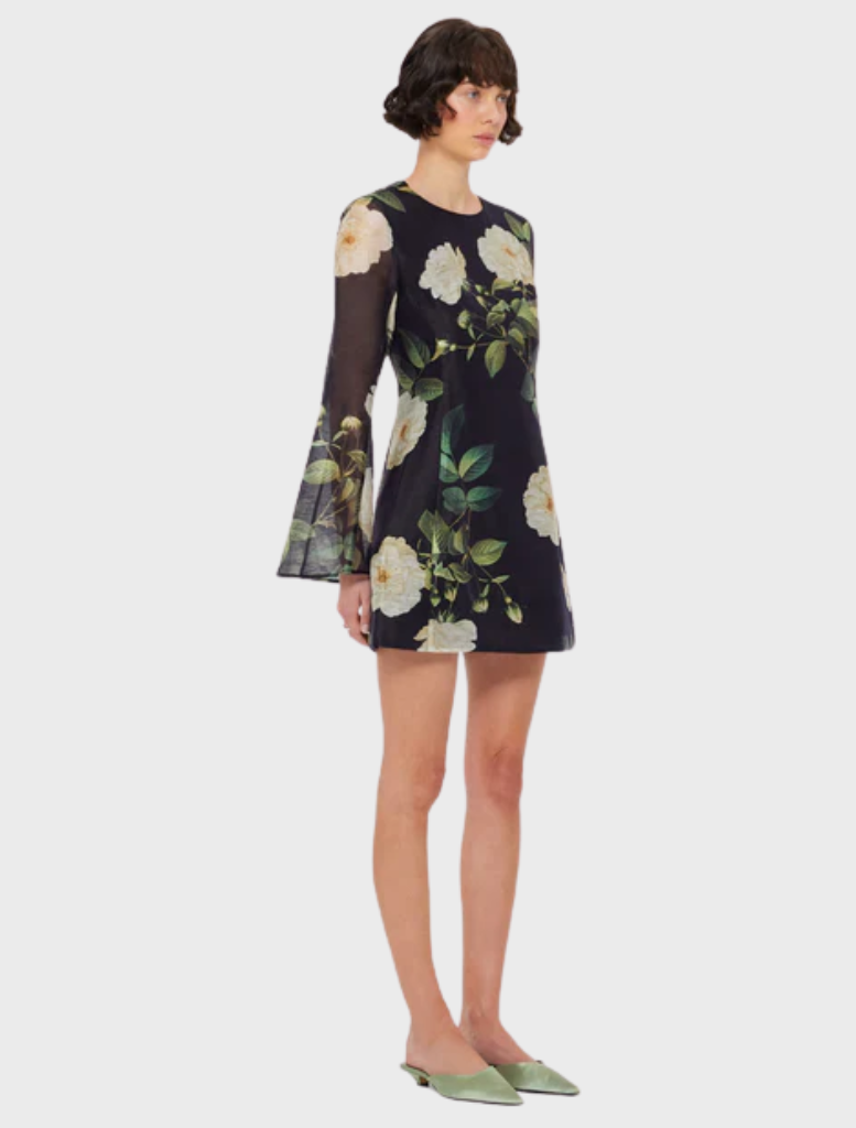 Suzanne Bell Sleeve Mini Dress - White Rose Print