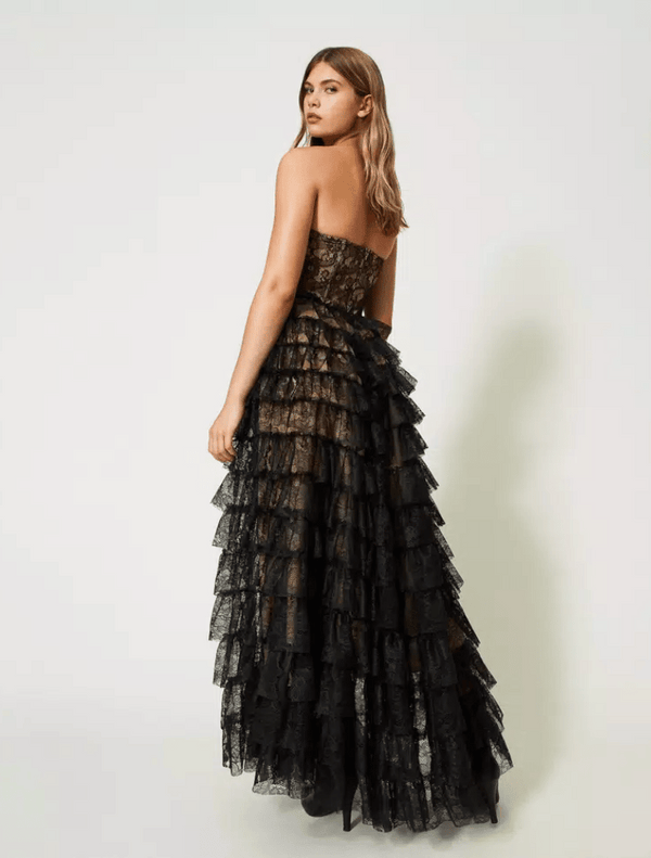 Long Chantilly Lace Bustier Dress - Black