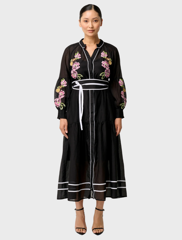 Petite Catalina Embroidered Cotton Silk Dress - Black Flores
