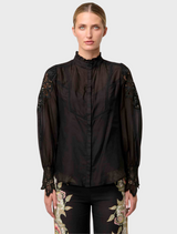 Sevilla Cotton Silk Custom Lace Detail Shirt - Onyx