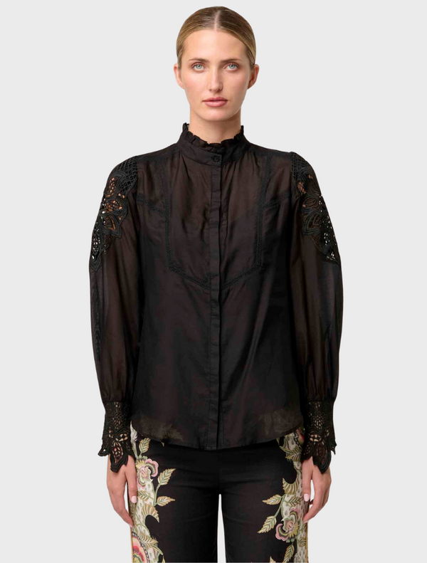 Sevilla Cotton Silk Custom Lace Detail Shirt - Onyx