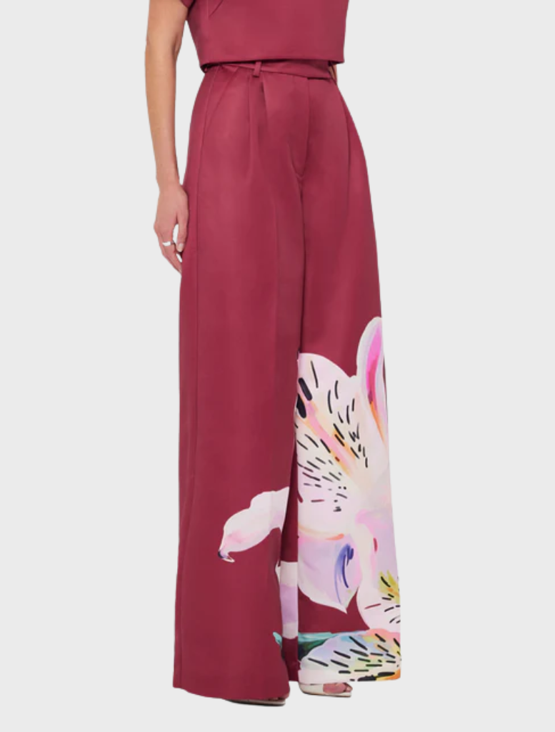 Elisha Wide Leg Pants - Lily Print in Burgundy
