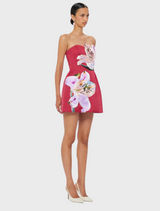 Rosario Appliqué Floral Bustier Mini Dress - Lily Print in Oxblood