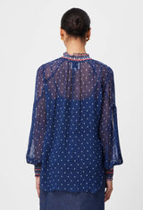 Pheonix Contrast Shirred Collar & Cuffs Viscose Chiffon Blouse - Lapis Spot