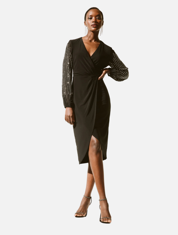 Jewelled Wrap Pencil Dress - Black