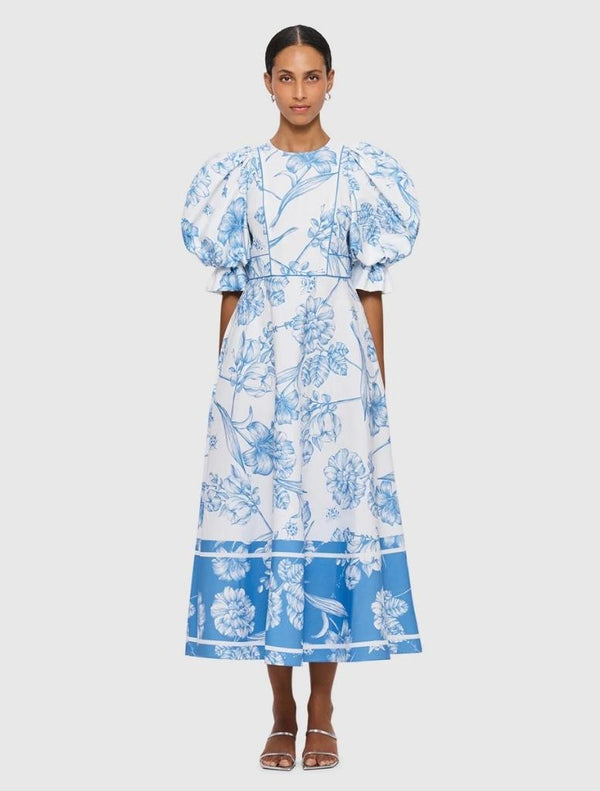 Maxima Puff Sleeve Midi Dress - Harmony Print in Porcelain