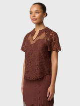 Solene Cotton Blend Lace Short Sleeve Top - Rosewood