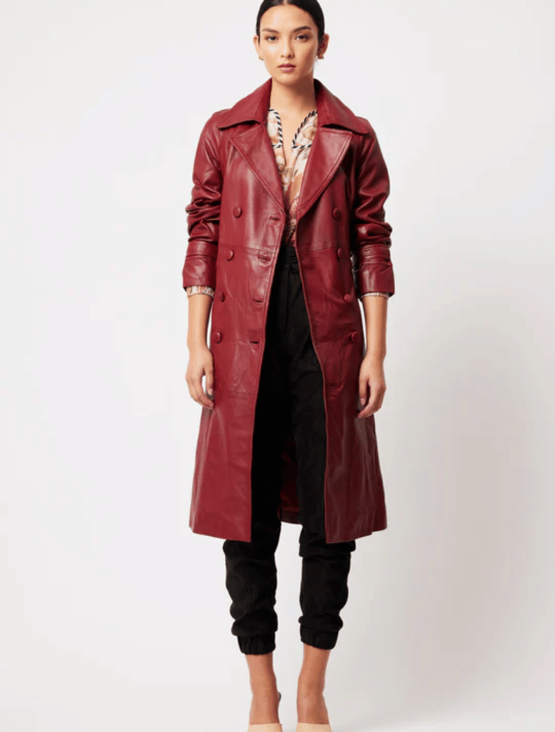 Astra Raglan Sleeve Detailed   Leather  Trench  Coat  - Scarlet