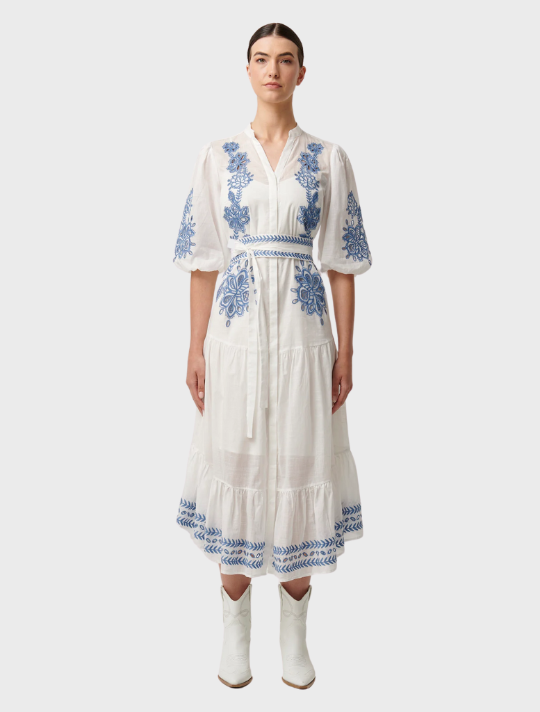 Gabriette Embroidered Cotton Slub Dress - Milk