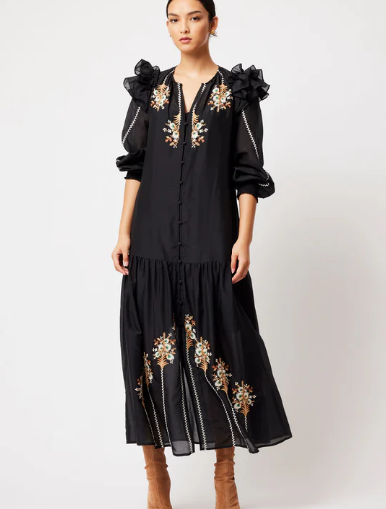 Aquila Cotton Silk Ruffle Sleeve Emboirdered Maxi Dress | Black