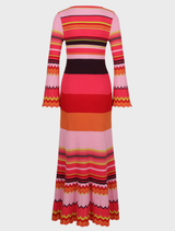 Long Ribbed Dress, Stripe Pattern - Pink