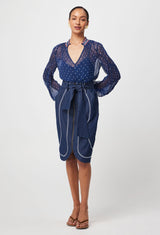 Pheonix Contrast Shirred Collar & Cuffs Viscose Chiffon Blouse - Lapis Spot