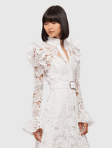 Lace Dress With Belt  - White