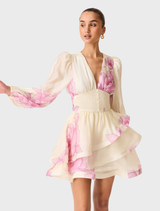 Rova Long Sleeve Mini Dress - Cream & Pink Floral