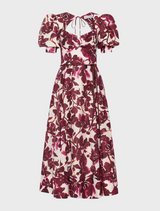 Nerissa SS Midi Dress - Red Orchid Vines Print