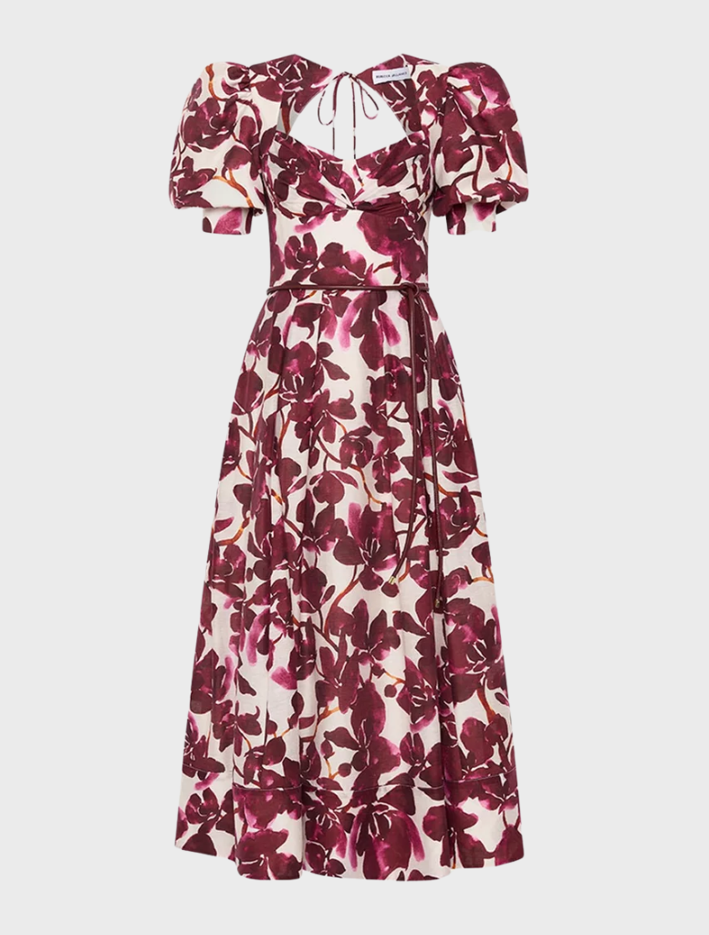 Nerissa SS Midi Dress - Red Orchid Vines Print